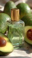 Elegant glass perfume bottle with gold cap surrounded by fresh avocados, suggesting natural fragrance ingredients for cosmetic product photography.