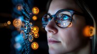 Young woman in glasses looking at glowing cryptocurrency symbols and digital finance data visualization reflected in lens against dark background.