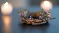 Delicate lavender sprigs nestled in small woven nest with soft candlelight bokeh in background creating peaceful spa-like atmosphere for wellness and relaxation designs.