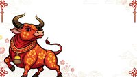 Red ox with golden patterns and traditional ornaments on decorative background with Asian cultural elements for lunar new year celebrations.