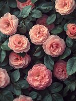 Lush pink garden roses with dark green leaves create romantic floral composition. Moody nature photography with vintage aesthetic for wedding and lifestyle designs.
