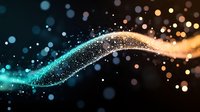 Magical glowing wave with sparkling particles flowing from turquoise blue to warm golden colors on black background, creating ethereal light trail effect.