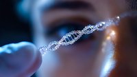 Glowing DNA helix structure floating between scientist hands in blue light, genetic research concept showing molecular biology and biotechnology advancement.