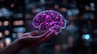 Glowing purple brain hologram floating above hand against blurred city lights background, representing artificial intelligence and future technology concepts.