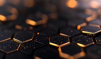Abstract black hexagonal background with glowing orange edges and sparkles, creating futuristic technological pattern with depth of field effect.