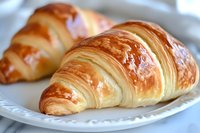 Fresh baked golden croissants with flaky layered texture and glossy surface served on white plate, close up view of traditional French pastry breakfast.