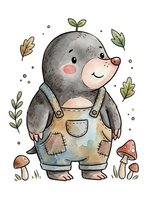 Cute hedgehog character wearing overalls surrounded by forest elements including mushrooms, leaves, and foliage on isolated white background for children's designs.