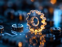 Glowing golden cogwheel floating over circuit board with blue technology background, symbolizing artificial intelligence and machine learning innovation in engineering.