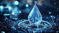 Luminous water drop splashing on dark surface creating ripple effect with magical blue bokeh lights and sparkles in macro photography style.