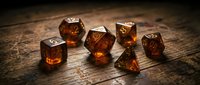 Amber translucent polyhedral dice set scattered on rustic wooden surface for tabletop gaming and role-playing adventures.