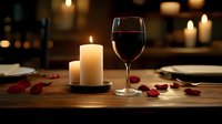 Glass of red wine with glowing candles and scattered rose petals on wooden table creates romantic ambiance for Valentine's Day dinner or special date night celebration.