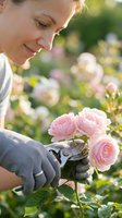 Smiling middle-aged Caucasian woman gardener pruning pink roses with secateurs in sunny garden. Professional horticulture and flower care concept.