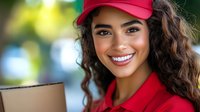 Young Hispanic female delivery worker in red uniform and cap smiling warmly while holding package, representing positive customer service and modern gig economy workforce.