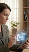 Woman in business casual attire holding tablet with glowing email icon, representing digital communication, messaging, and modern workplace technology in home office setting.