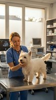 Female veterinarian in blue scrubs examining white terrier dog on examination table in modern clinic with medical equipment and shelving in background.