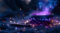 Magical crystal bowl glowing with purple light and sparkling particles on mystical surface with cosmic background for fantasy designs.