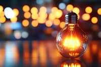 Glowing vintage filament light bulb with warm orange illumination against blurred bokeh background, reflecting on glossy surface. Creative lighting concept.