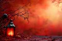 Atmospheric autumn lantern with glowing warm light against red foggy background with bare tree branches and fallen leaves, perfect for seasonal and Halloween designs.