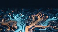 Circuit board with glowing copper and blue traces creating intricate electronic pathways for technology and computing applications.
