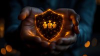 Glowing orange shield with people icons floating between protective hands against dark background, representing digital security and family protection.