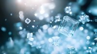Floating transparent ice cubes with bokeh effect on turquoise blue background, abstract winter composition for beverage and cooling concept designs.