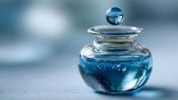 Blue liquid droplet suspended above small glass jar containing clear blue solution with swirling effect against soft focus background.