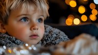Young Caucasian boy with blue eyes and blonde hair gazing upward with wonder against blurred golden bokeh lights, wearing cozy winter sweater, capturing magical holiday moment.
