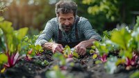 Mature bearded Caucasian male gardener in checkered shirt and overalls carefully tending to organic vegetable garden, planting seedlings in rich soil during spring season.