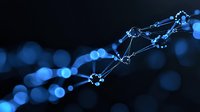 Glowing blue network connections with bokeh effect on dark background, representing digital technology, artificial intelligence and data transfer.