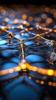 Macro photography of water drops with golden bokeh lights creating abstract pattern on dark blue background. Natural lens flare and reflections add magical atmosphere.