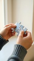 Child holding puzzle pieces together, demonstrating problem-solving, teamwork and connection. Suitable for education, business solutions and collaborative concepts.