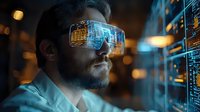 Bearded man wearing futuristic augmented reality glasses displaying holographic data visualization in dark environment with glowing blue technology interface.