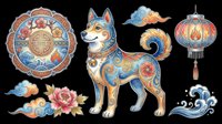 Ornate Chinese zodiac dog clipart set with lantern, peony, clouds, and medallion, isolated on transparent background. Great for stickers, T-shirts, print on demand.