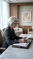 Senior businesswoman with gray hair and glasses reviewing documents at marble desk in modern office, suitable for corporate, finance, and professional business concepts.
