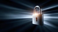Digital security padlock glowing with bright light rays on dark background representing cybersecurity, data protection and online safety concepts.