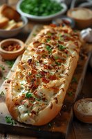 Freshly baked cheese and bacon bread on wooden board garnished with herbs and crispy bacon bits, served with side dishes and dipping sauce for appetizer.