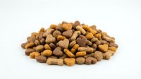 Dry pet food kibble pile isolated on white background for animal nutrition and feeding concepts.