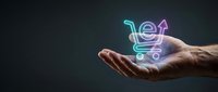 Shopping cart neon icon glowing in open hand against dark background, representing digital commerce, online retail, and e-commerce technology solutions.