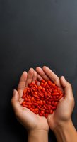 Hands holding red goji berries or dried red pepper flakes against dark background. Suitable for health, nutrition, wellness, and food industry marketing materials.