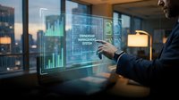 Businessman in dark suit interacting with holographic ownership management system display showing financial charts and data analytics in modern office with city skyline view.