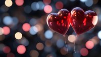 Red heart shaped balloons floating against blurred bokeh lights background creating romantic atmosphere. Celebration of love and Valentine's Day concept.