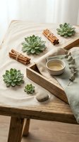 Zen spa composition with green succulents, cinnamon sticks, herbal tea and eucalyptus on rustic wooden table for wellness and relaxation concepts.
