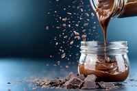 Liquid chocolate pouring into glass jar with chocolate pieces and sprinkles scattered around on blue background, close up view for food photography and dessert blogs.