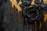 Black rose with metallic gold paint drips on dark textured background, creating dramatic contrast and luxurious gothic aesthetic for fashion and interior design.