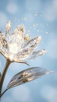 Crystal glass flower with sparkling petals and golden light particles floating against soft blue sky background for luxury design concepts.