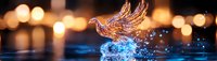 Magical glowing phoenix rising from blue water surface against blurred golden bokeh lights background, fantasy art concept with splashing effect.