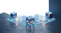 Transparent glass cubes with glowing digital data and network connections on a blue platform, representing cloud computing, data storage, and interconnected technology infrastructure for business solutions.