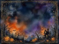 Halloween night scene with spooky haunted house, jack-o-lanterns, bare trees, flying bats under crescent moon with ornate golden decorative border frame.