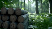 Fresh cut logs stacked in green forest with ferns and blurred natural background, sustainable wood harvesting and forestry concept in summer woodland.