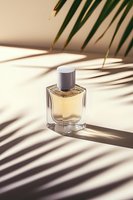 Elegant fragrance bottle with palm leaf shadows on beige background. Natural sunlight creates dramatic striped pattern, luxury cosmetic product styling.